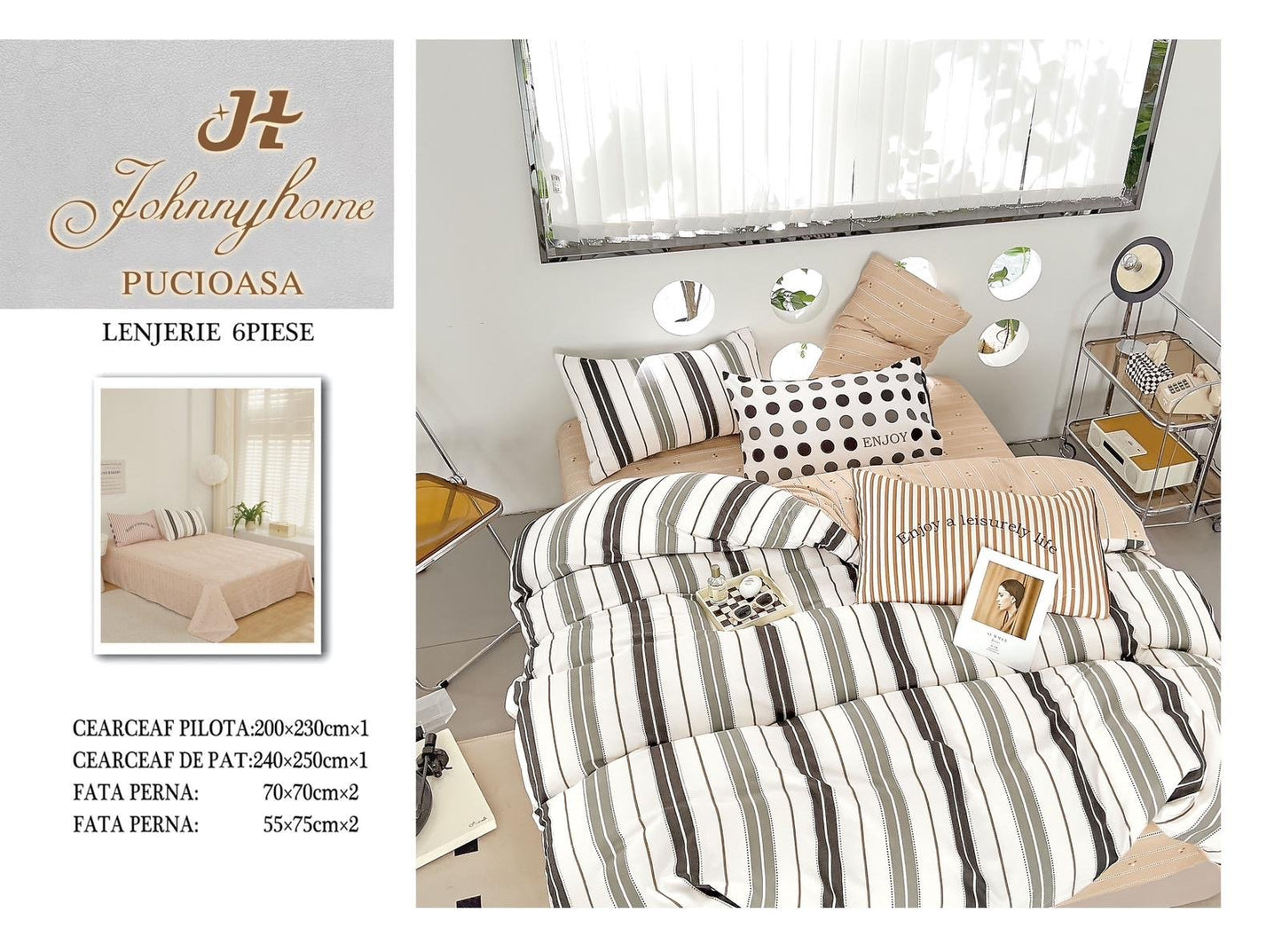 Lenjerie Pat Dublu din Finet, 6 Piese, Dungi-H7667