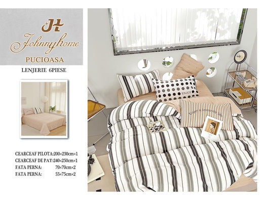 Lenjerie Pat Dublu din Finet, 6 Piese, Dungi-H7667