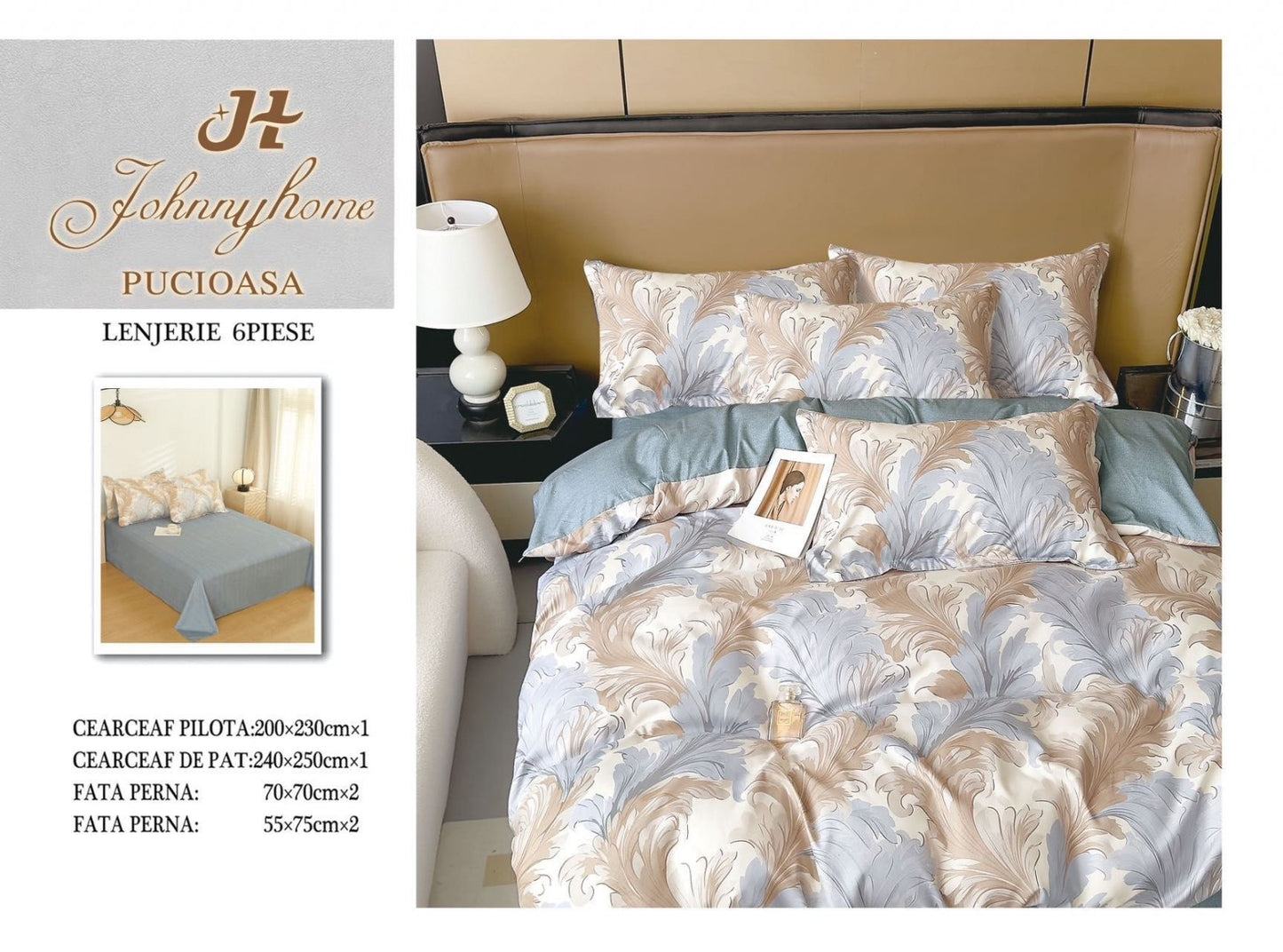 Lenjerie Pat Dublu din Finet, 6 Piese, Bej/Albastru-H7669