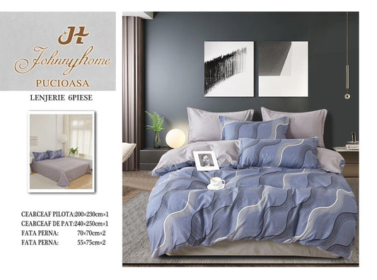 Lenjerie Pat Dublu din Finet, 6 Piese, Albastru/Valuri-H7668