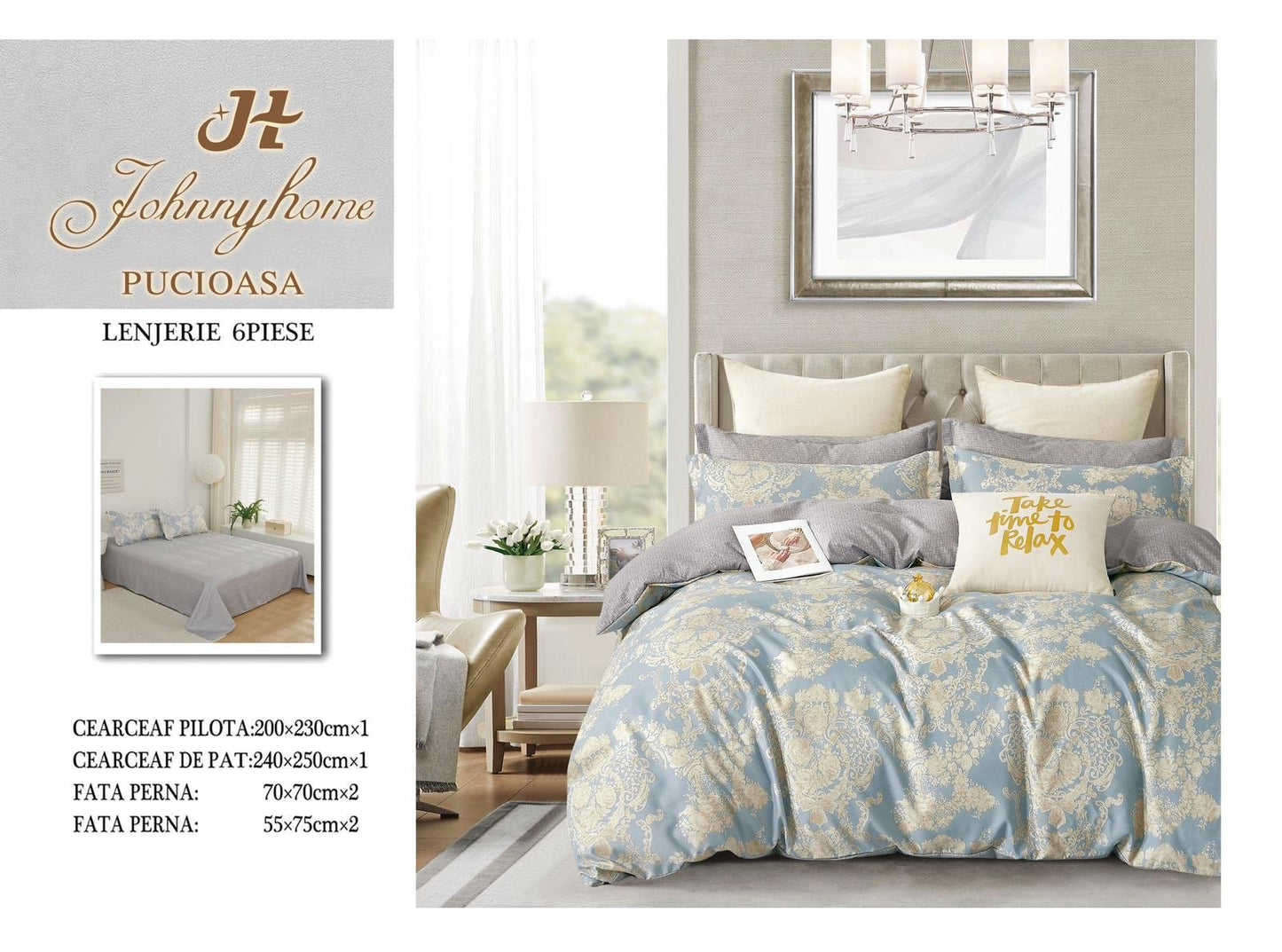 Lenjerie Pat Dublu din Finet, 6 Piese, Bleu/Floricele-H7666