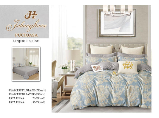 Lenjerie Pat Dublu din Finet, 6 Piese, Bleu/Floricele-H7666