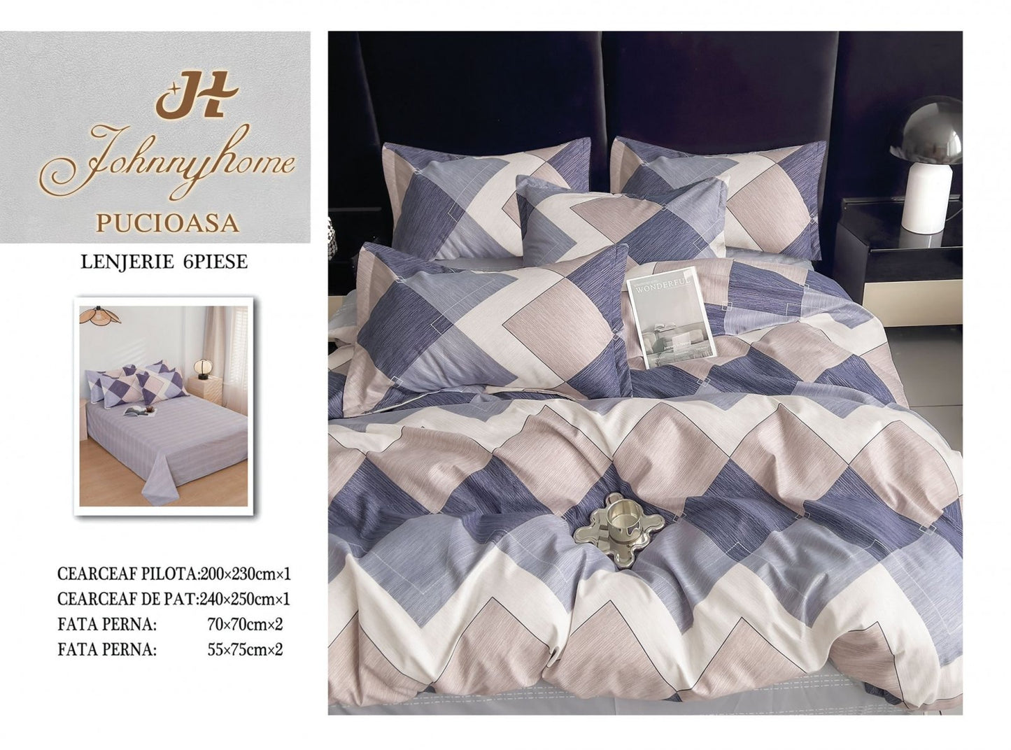 Lenjerie Pat Dublu din Finet, 6 Piese, Romburi-H7663