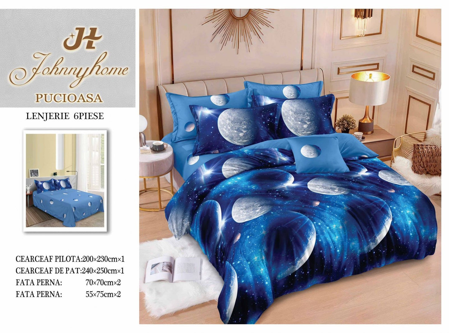 Lenjerie Pat Dublu din Finet, 6 Piese, Planete-H7664