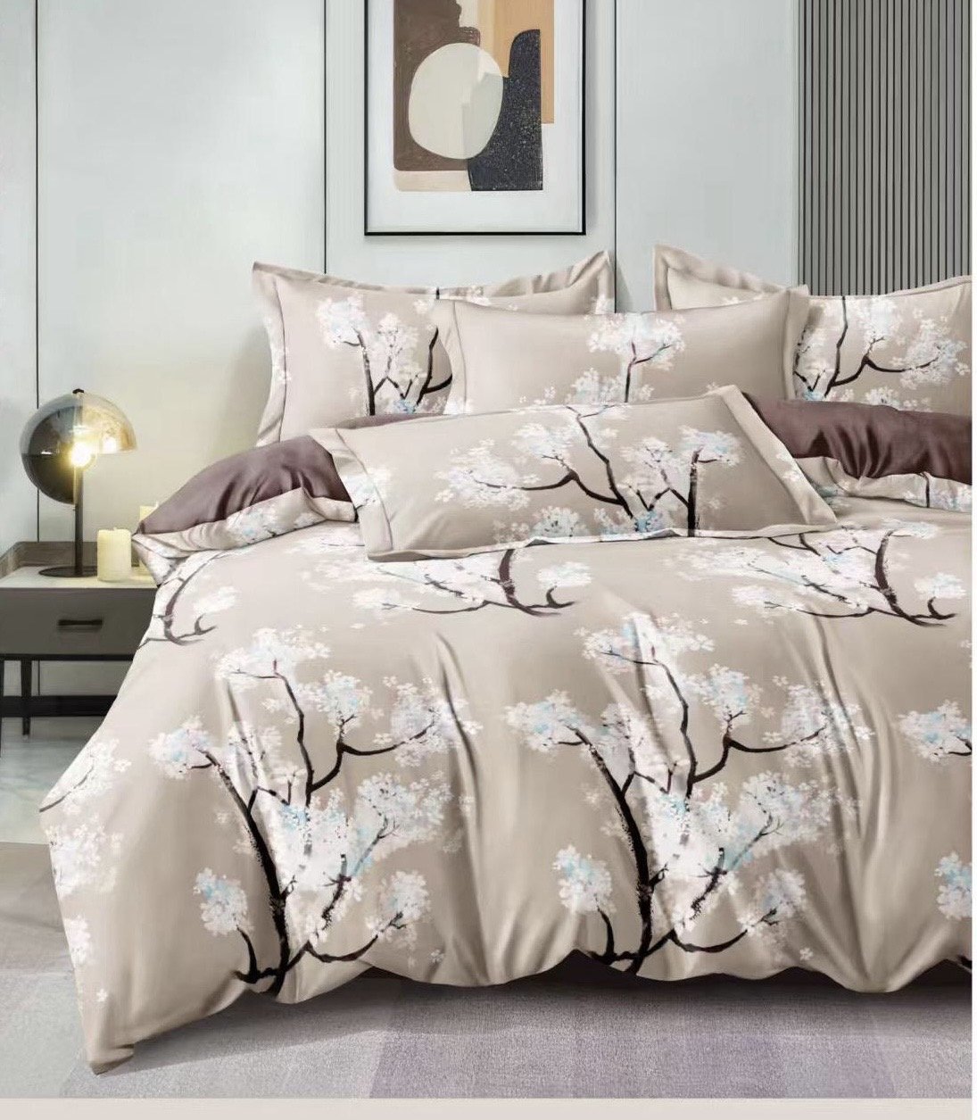 Lenjerie Pat Dublu din Finet, 6 Piese, Bej/Copacei-D7571