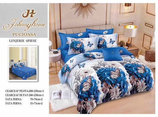 Lenjerie Pat Dublu din Finet, 6 Piese, Flori/Fluturi-H7681