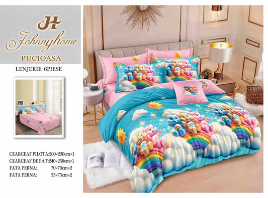 Lenjerie Pat Dublu din Finet, 6 Piese, Ursuleti/Curcubeu-H7690