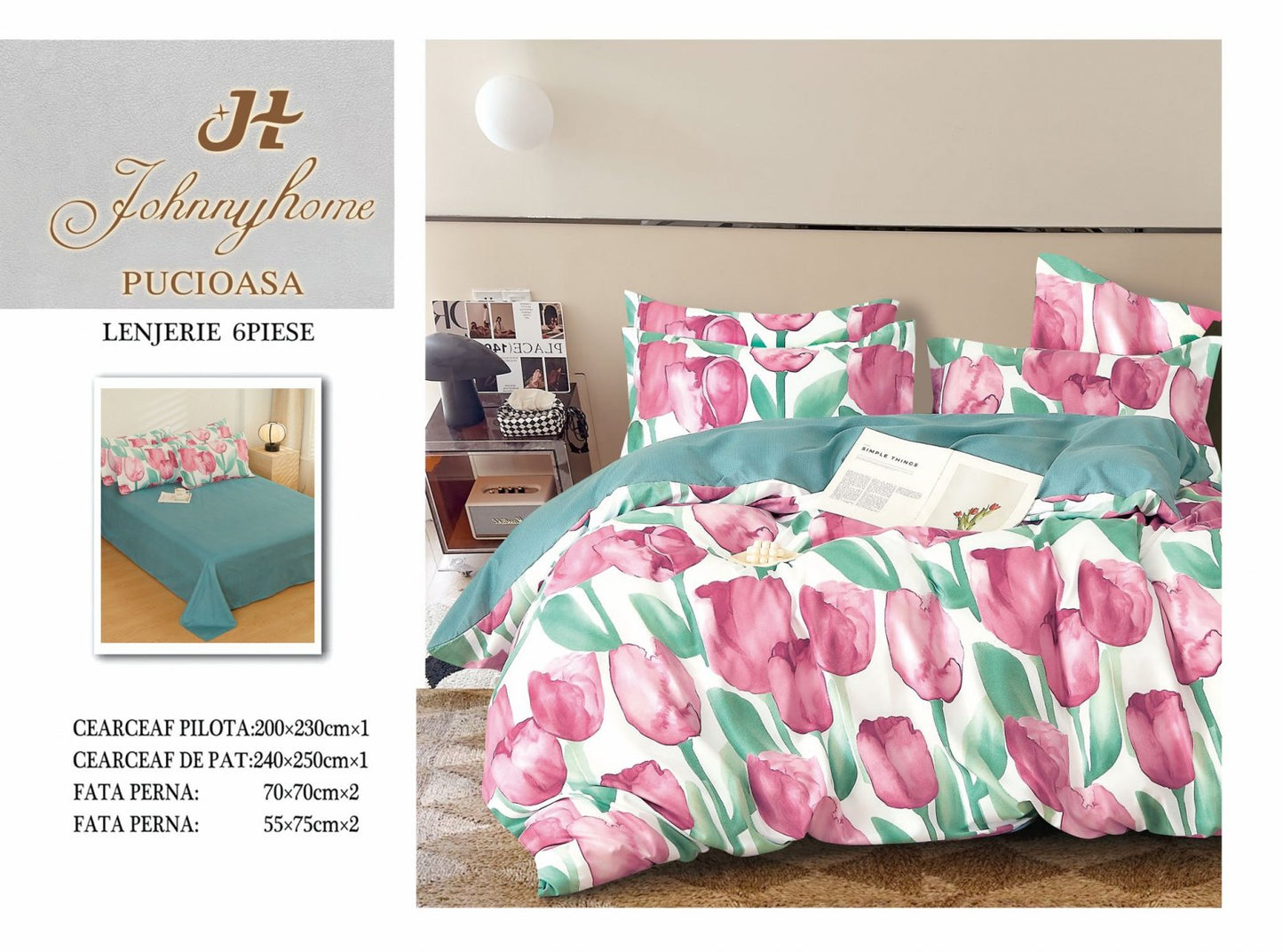 Lenjerie Pat Dublu din Finet, 6 Piese, Lalele-H7683