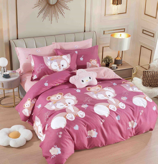 Lenjerie Pat Dublu din Finet, 6 Piese, Roz/Pisicute-C6534