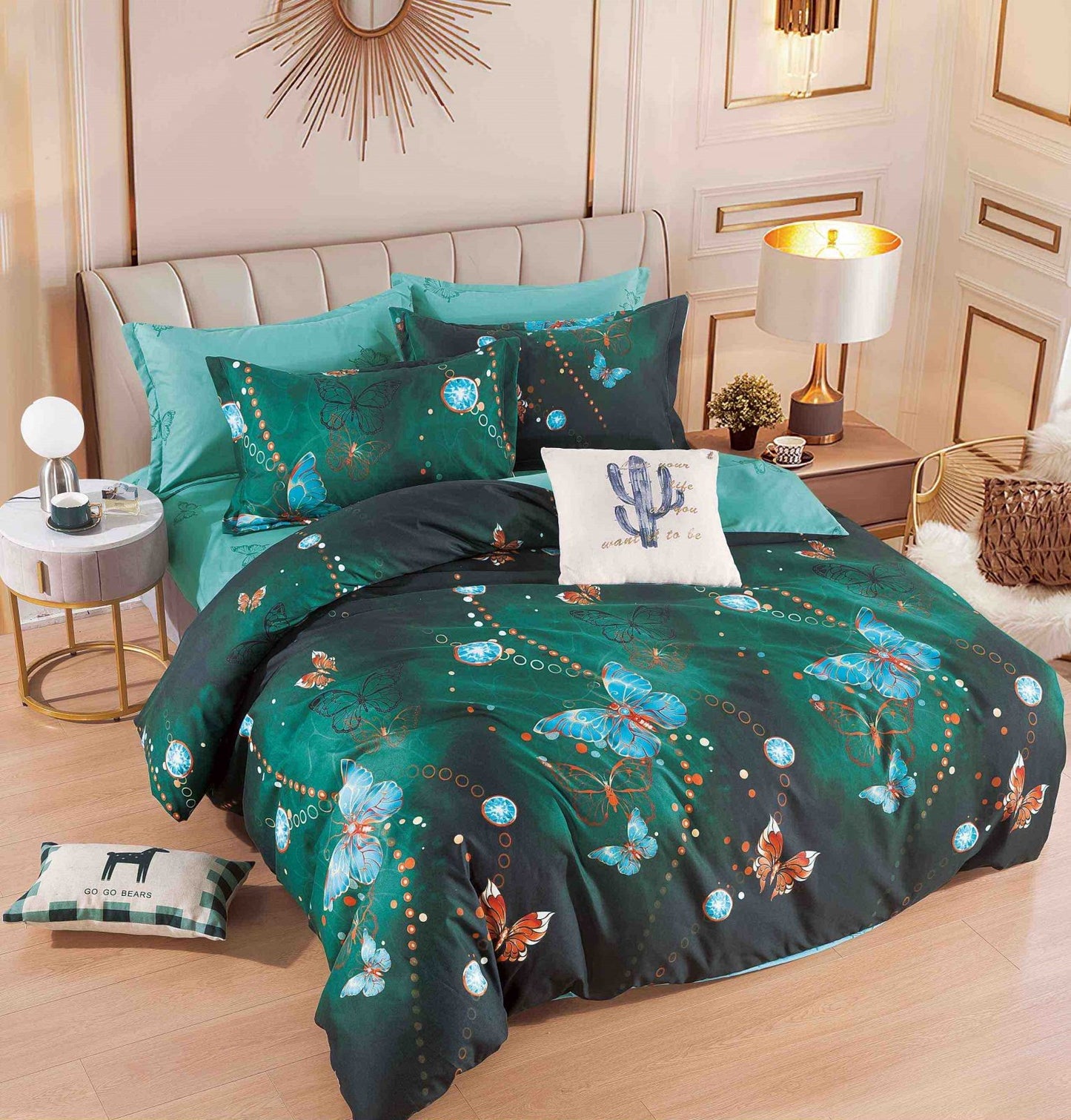 Lenjerie Pat Dublu din Finet, 6 Piese, Verde/Fluturi-C6533