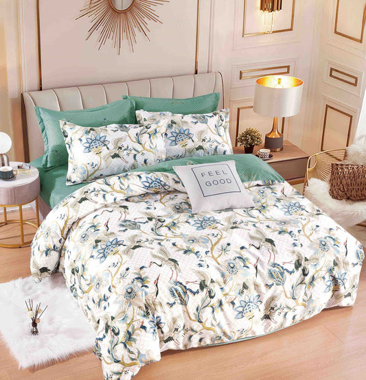 Lenjerie Pat Dublu din Finet, 6 Piese, cu Elastic, Verde/Crem/Pasari-C6548