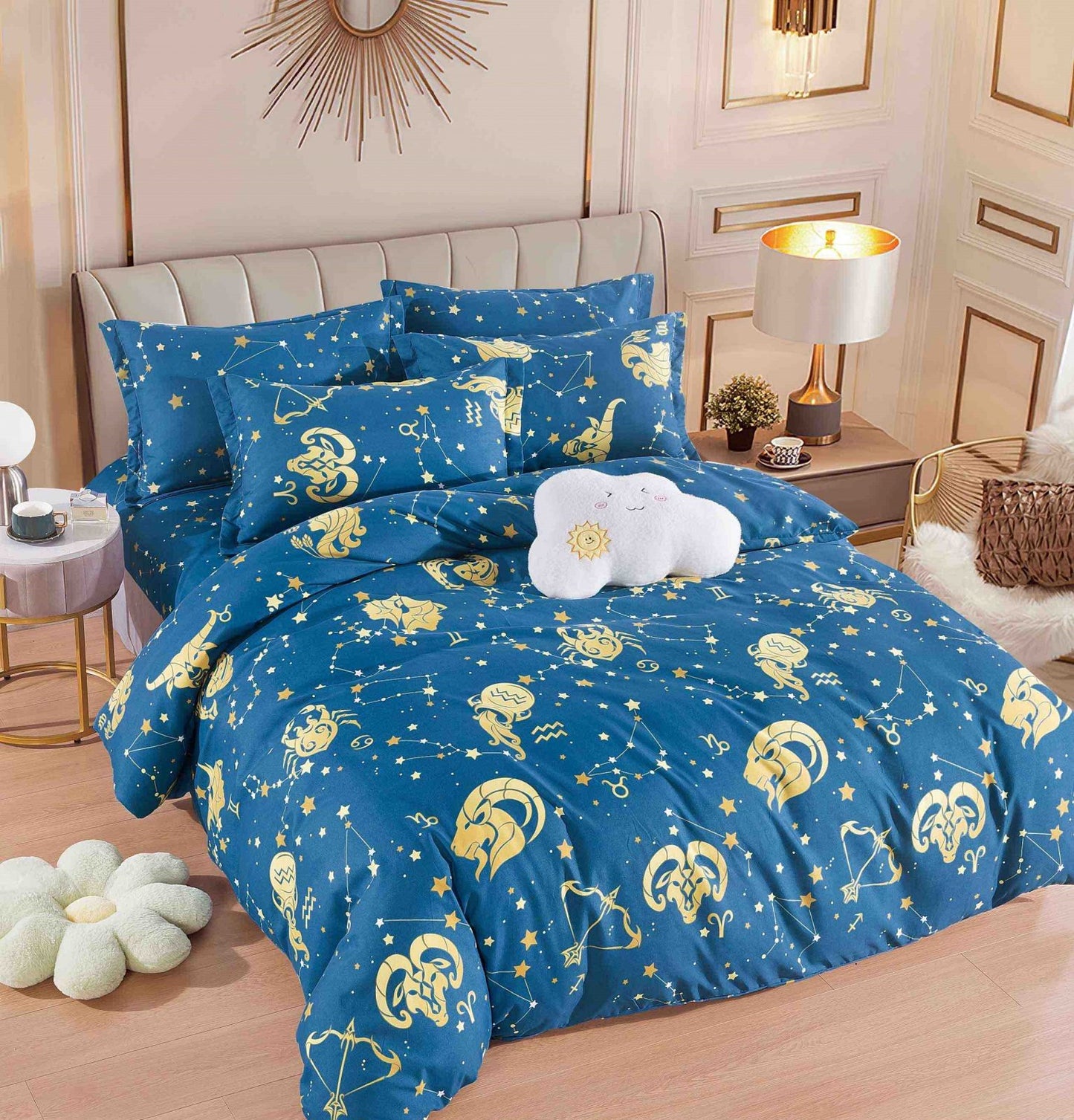 Lenjerie Pat Dublu din Finet, 6 Piese, Albastru/Zodiac-C6532