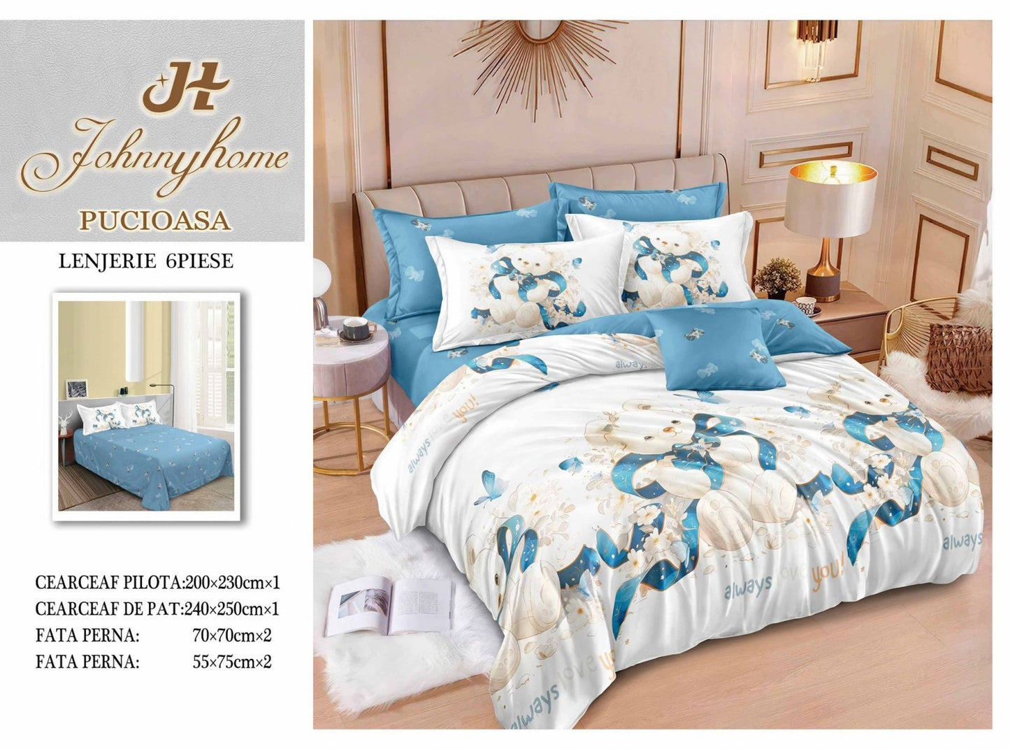 Lenjerie Pat Dublu din Finet, 6 Piese, Ursuleti-H7693