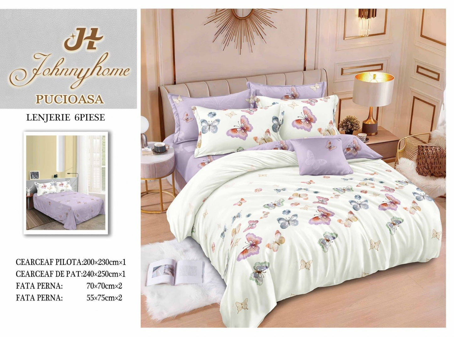 Lenjerie Pat Dublu din Finet, 6 Piese, Fluturasi-H7694