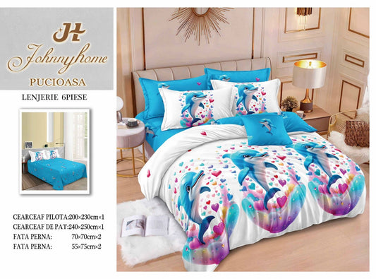 Lenjerie Pat Dublu din Finet, 6 Piese, Delfini/Inimioare-H7695