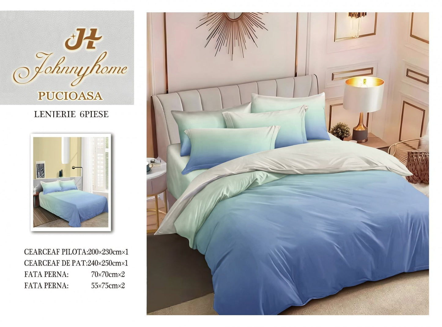 Lenjerie Pat Dublu din Finet, 6 Piese, Albastru/Vernil Degrade-H7551