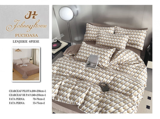 Lenjerie Pat Dublu din Finet, 6 Piese, Bej Abstract-H7676