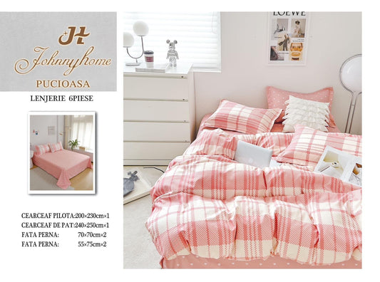 Lenjerie Pat Dublu din Finet, 6 Piese, Dungi Roz-H7674