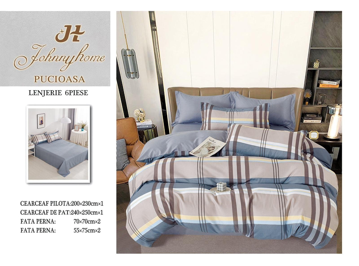 Lenjerie Pat Dublu din Finet, 6 Piese, Dungi-H7678