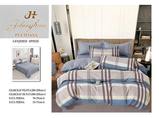 Lenjerie Pat Dublu din Finet, 6 Piese, Dungi-H7678