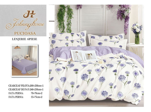 Lenjerie Pat Dublu din Finet, 6 Piese, Flori Mov-H7672