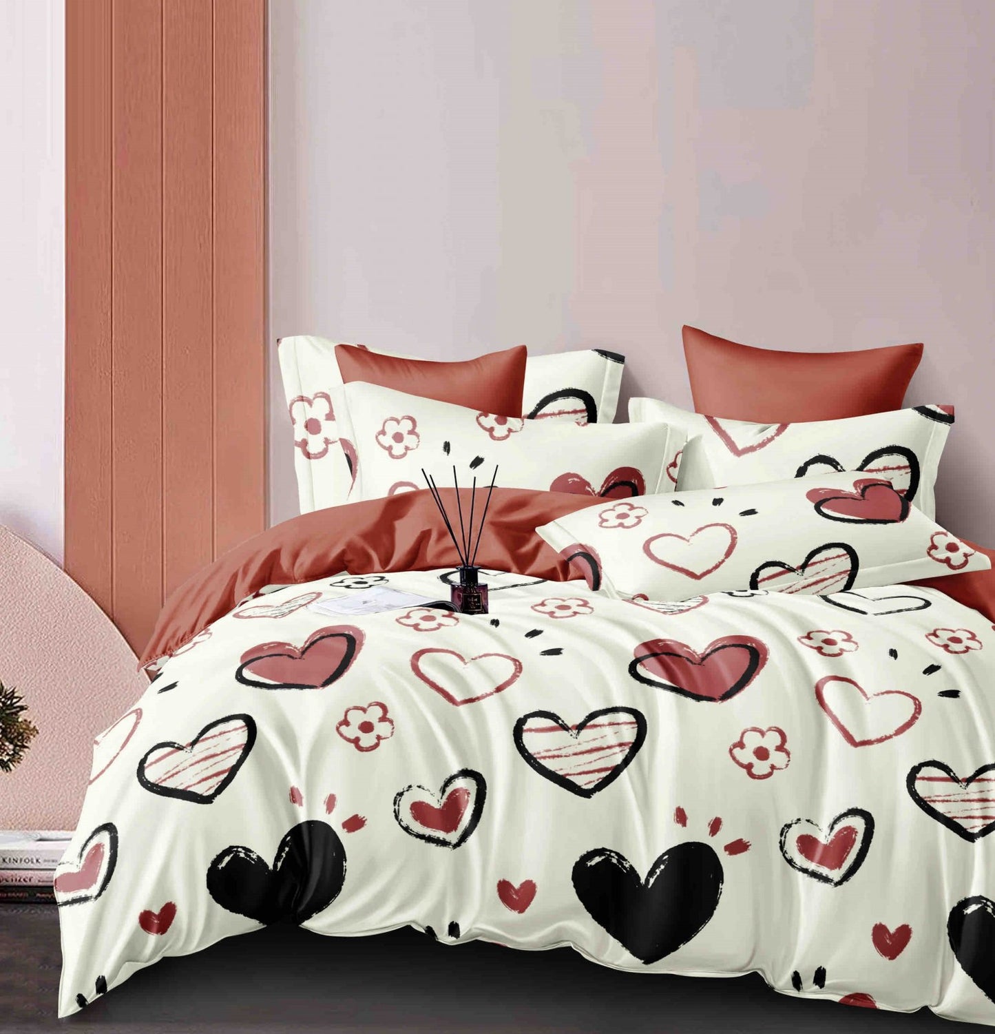 Lenjerie Pat Dublu din Finet, 6 Piese, Inimi/Floricele-C7496