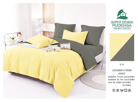 Lenjerie Pat Dublu din Finet 6 Piese, Uni, Bicolor, Galben/Gri-V6458