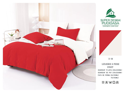 Lenjerie Pat Dublu din Finet 6 Piese, Uni, Bicolor, Rosu/Alb-V6460