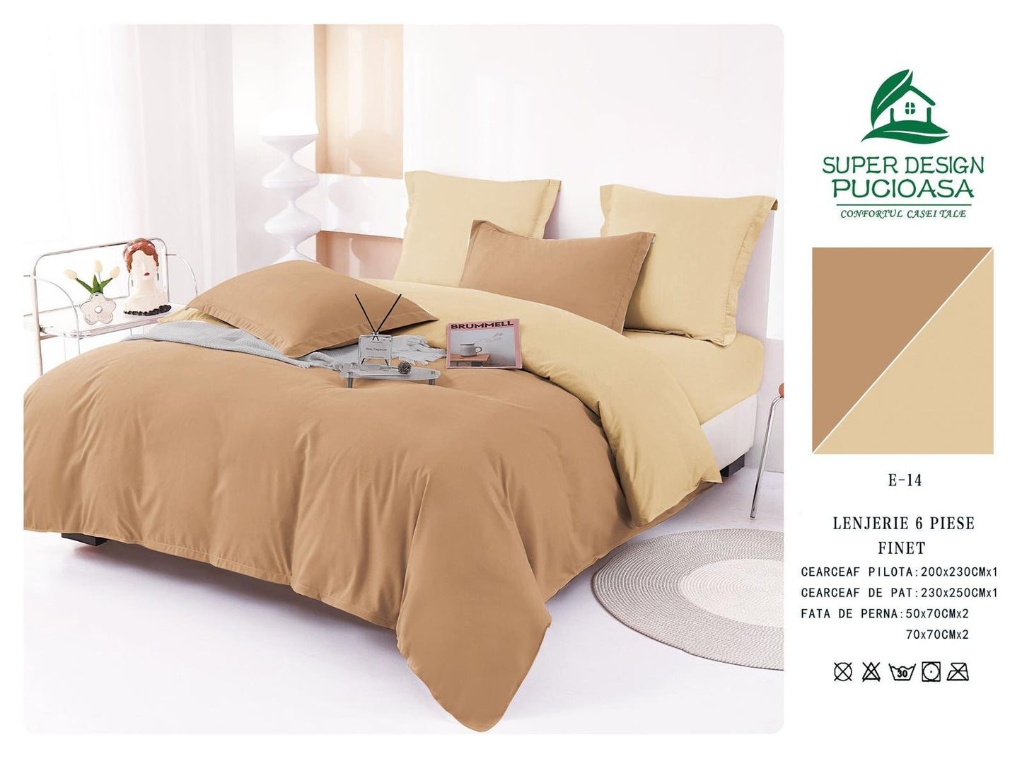 Lenjerie Pat Dublu din Finet 6 Piese, Uni, Bicolor, Maro/Bej-V6459