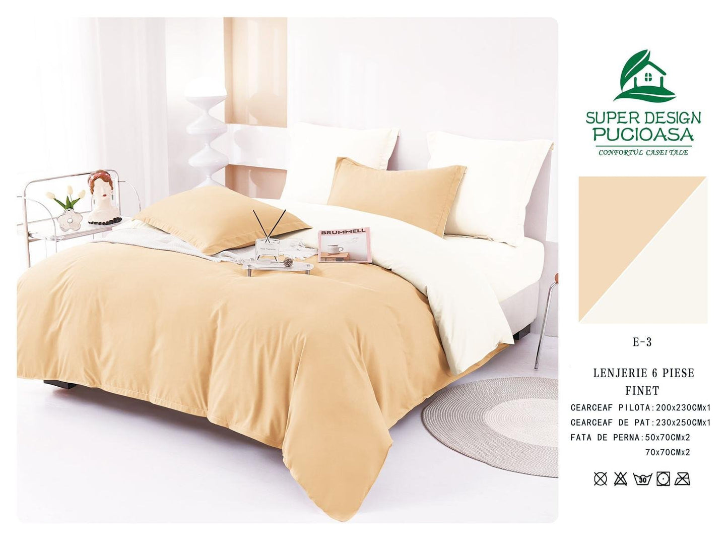 Lenjerie Pat Dublu din Finet 6 Piese, Uni, Bicolor, Cappuccino/Alb-V6462