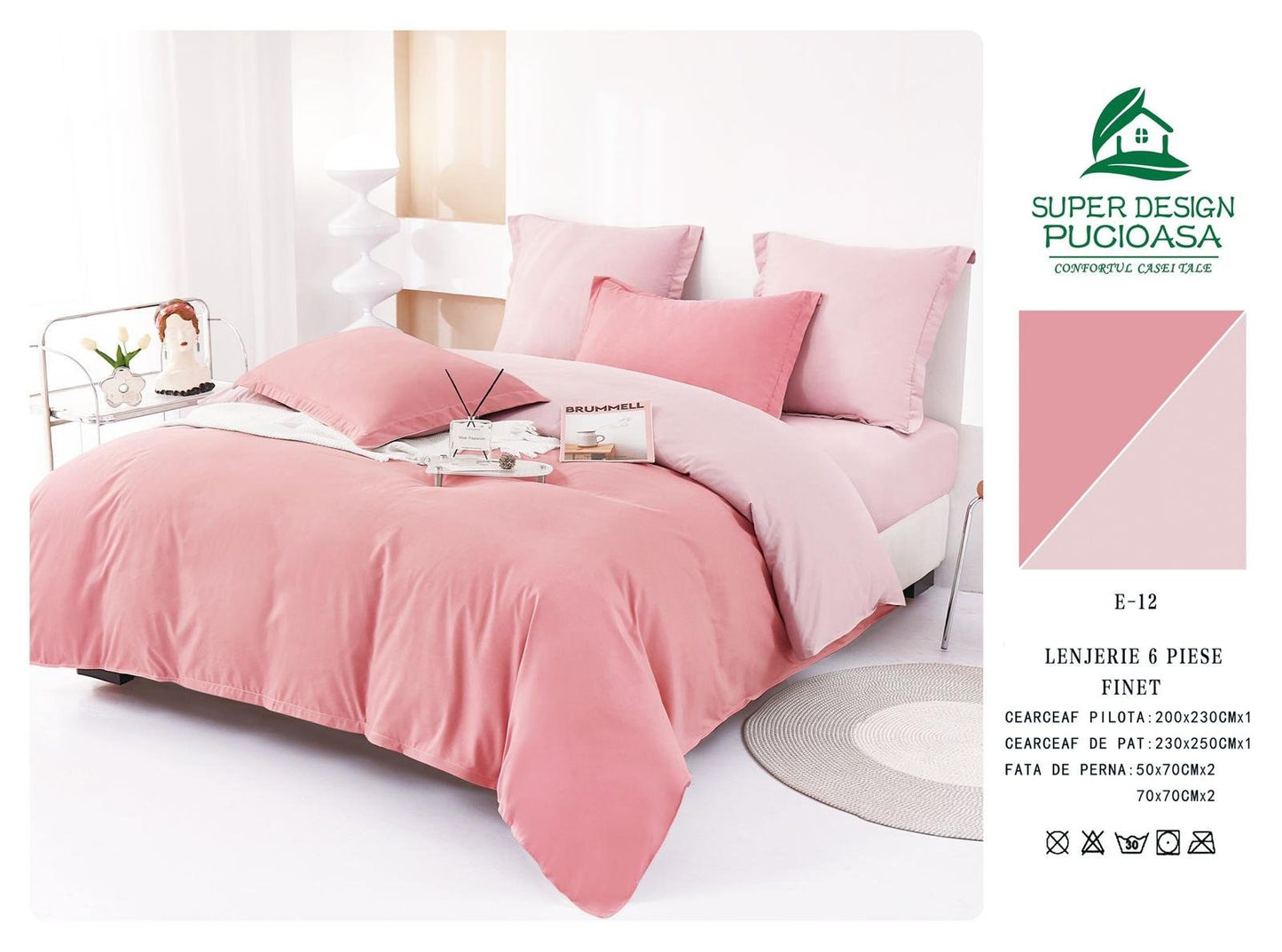 Lenjerie Pat Dublu din Finet 6 Piese, Uni, Bicolor, Roz Inchis/Roz Deschis-V6461