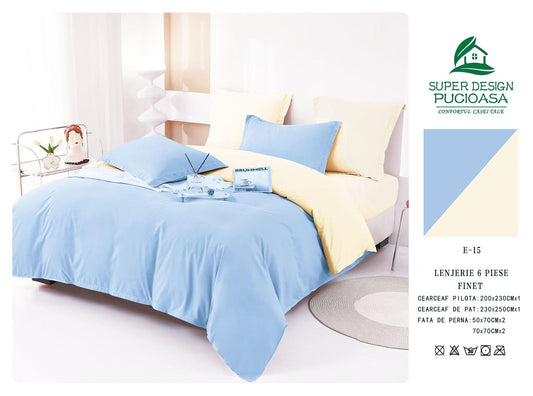 Lenjerie Pat Dublu din Finet 6 Piese, Uni, Bicolor, Bleu/Crem-V6456