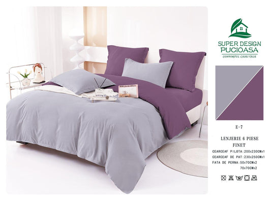 Lenjerie Pat Dublu din Finet 6 Piese, Uni, Bicolor, Roz Mountbatten/Violet-V6454