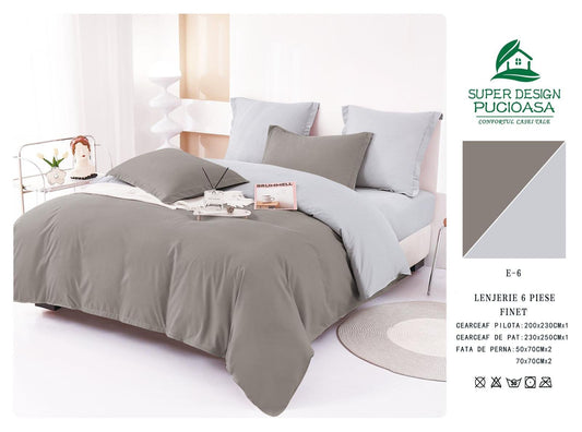 Lenjerie Pat Dublu din Finet 6 Piese, Uni, Bicolor, Gri Inchis/Gri Deschis-V6457