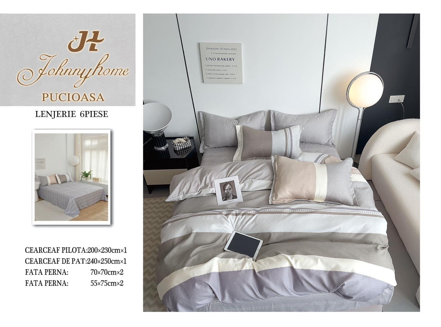 Lenjerie Pat Dublu din Finet, 6 Piese, Dungi-H7654