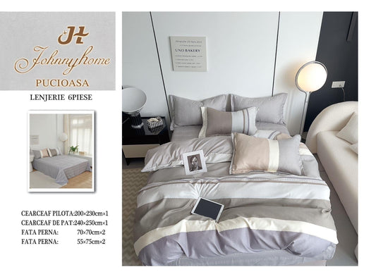 Lenjerie Pat Dublu din Finet, 6 Piese, Dungi-H7654