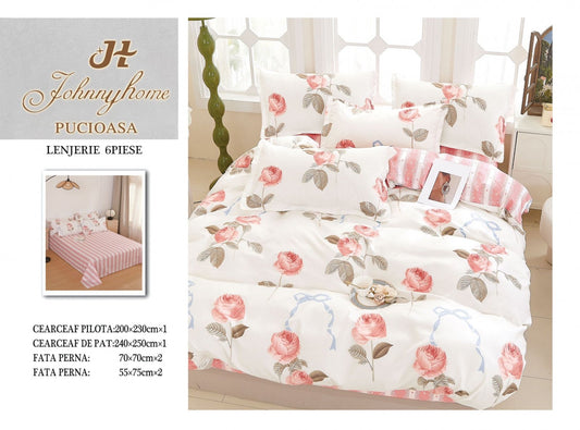 Lenjerie Pat Dublu din Finet, 6 Piese, Floricele-H7661
