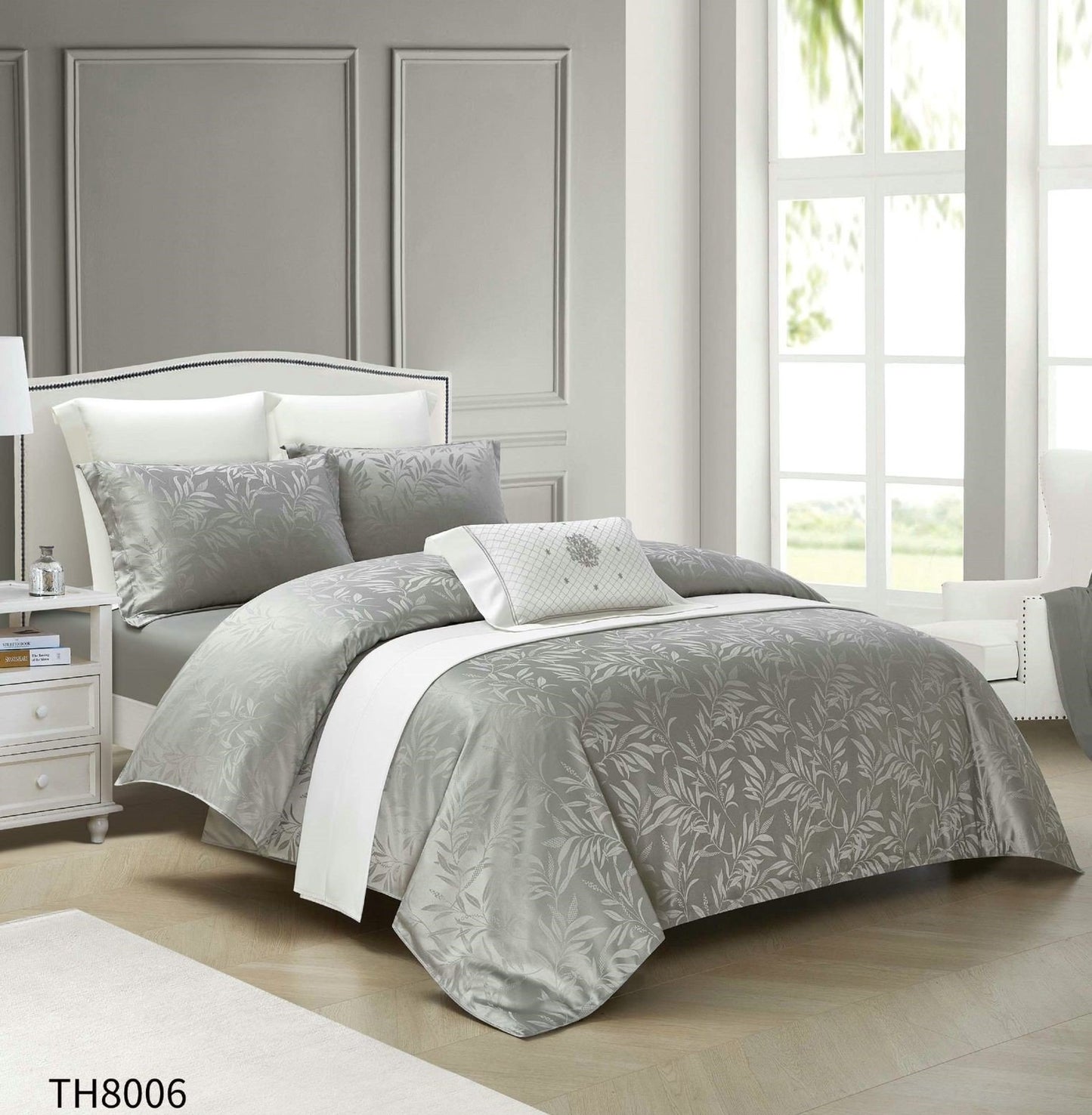 Lenjerie Pat Dublu din Jacquard Satinat Extra Fin, 4 Piese, cu Elastic, Gri Deschis-P7470