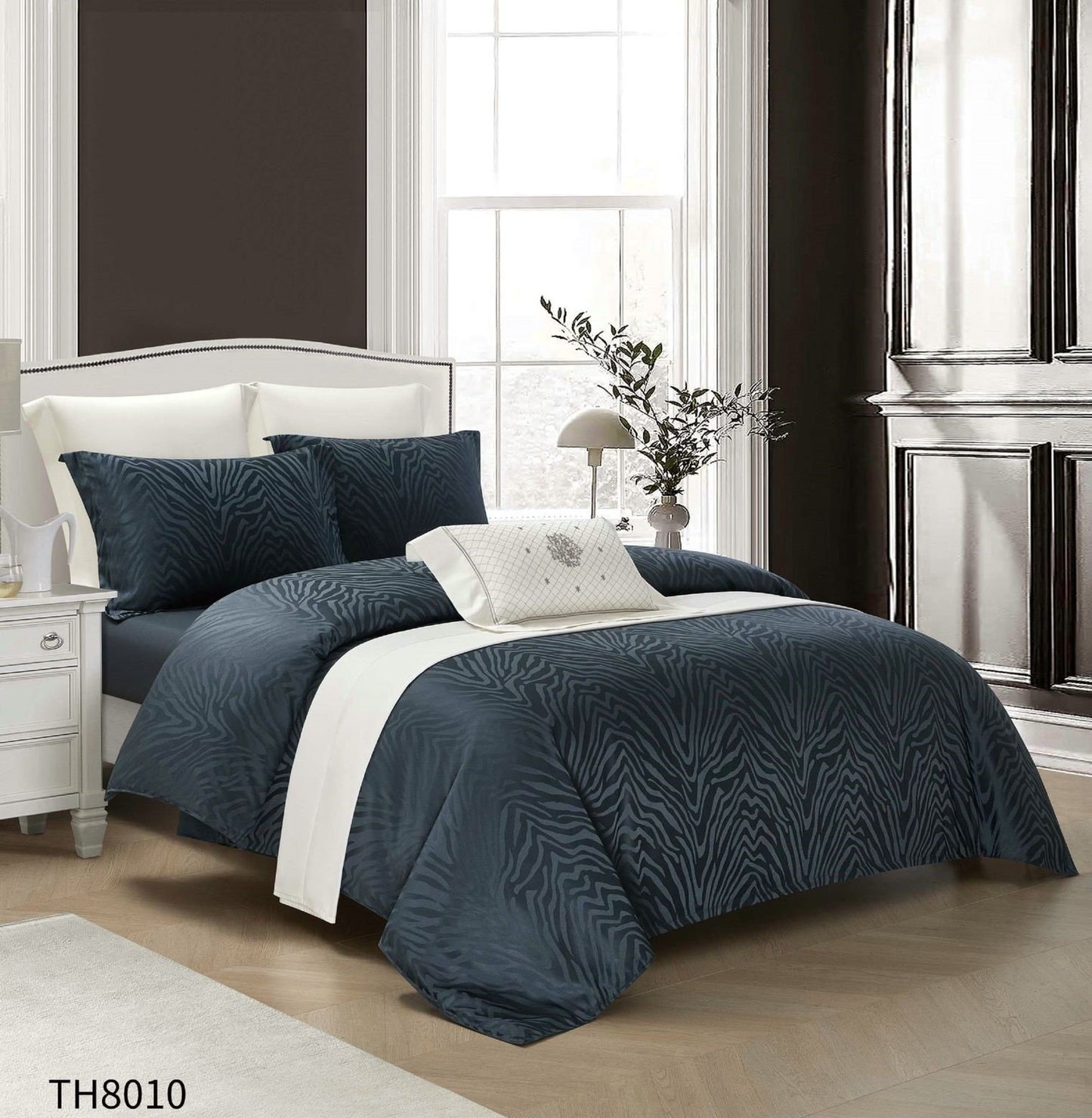 Lenjerie Pat Dublu din Jacquard Satinat Extra Fin, 4 Piese, cu Elastic, Bleumarin-P7474