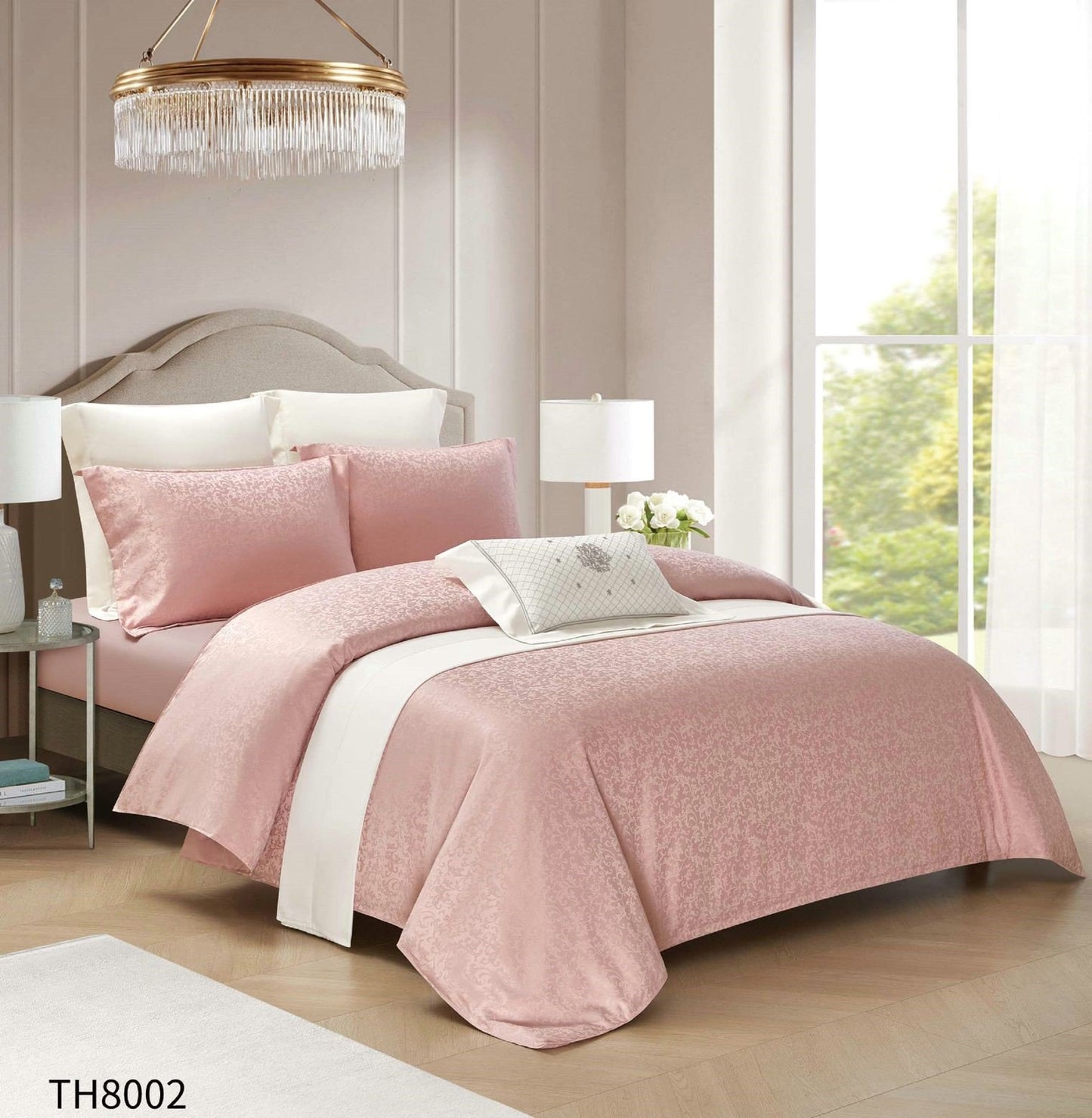 Lenjerie Pat Dublu din Jacquard Satinat Extra Fin, 4 Piese, cu Elastic, Roz-P7471