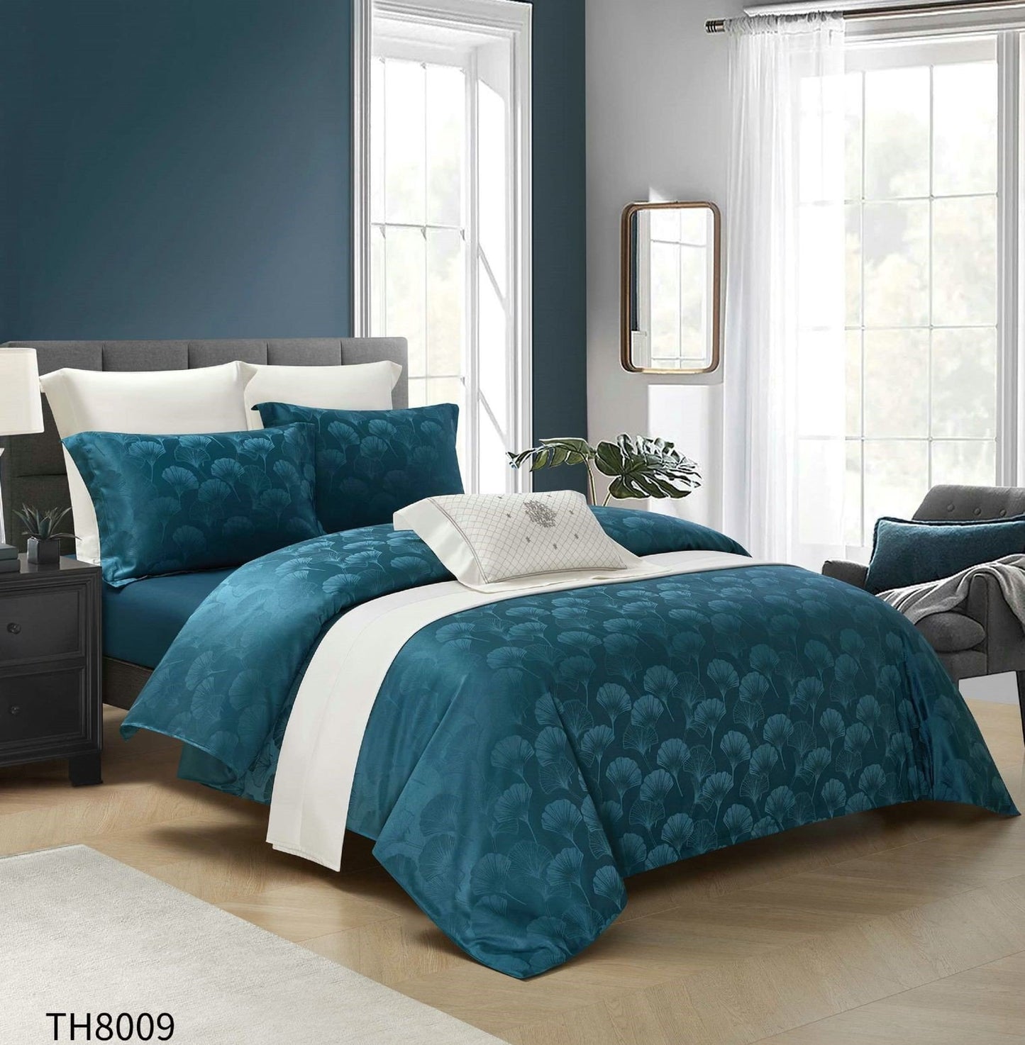 Lenjerie Pat Dublu din Jacquard Satinat Extra Fin, 4 Piese, cu Elastic, Turcoaz-P7478