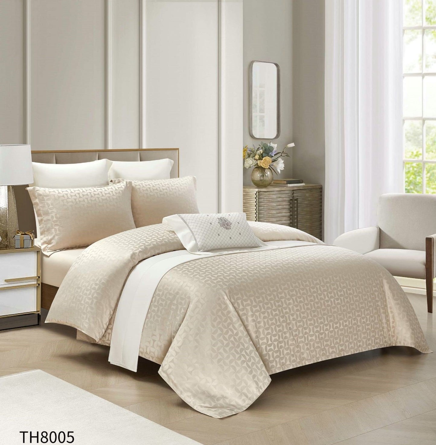 Lenjerie Pat Dublu din Jacquard Satinat Extra Fin, 4 Piese, cu Elastic, Crem-P7476