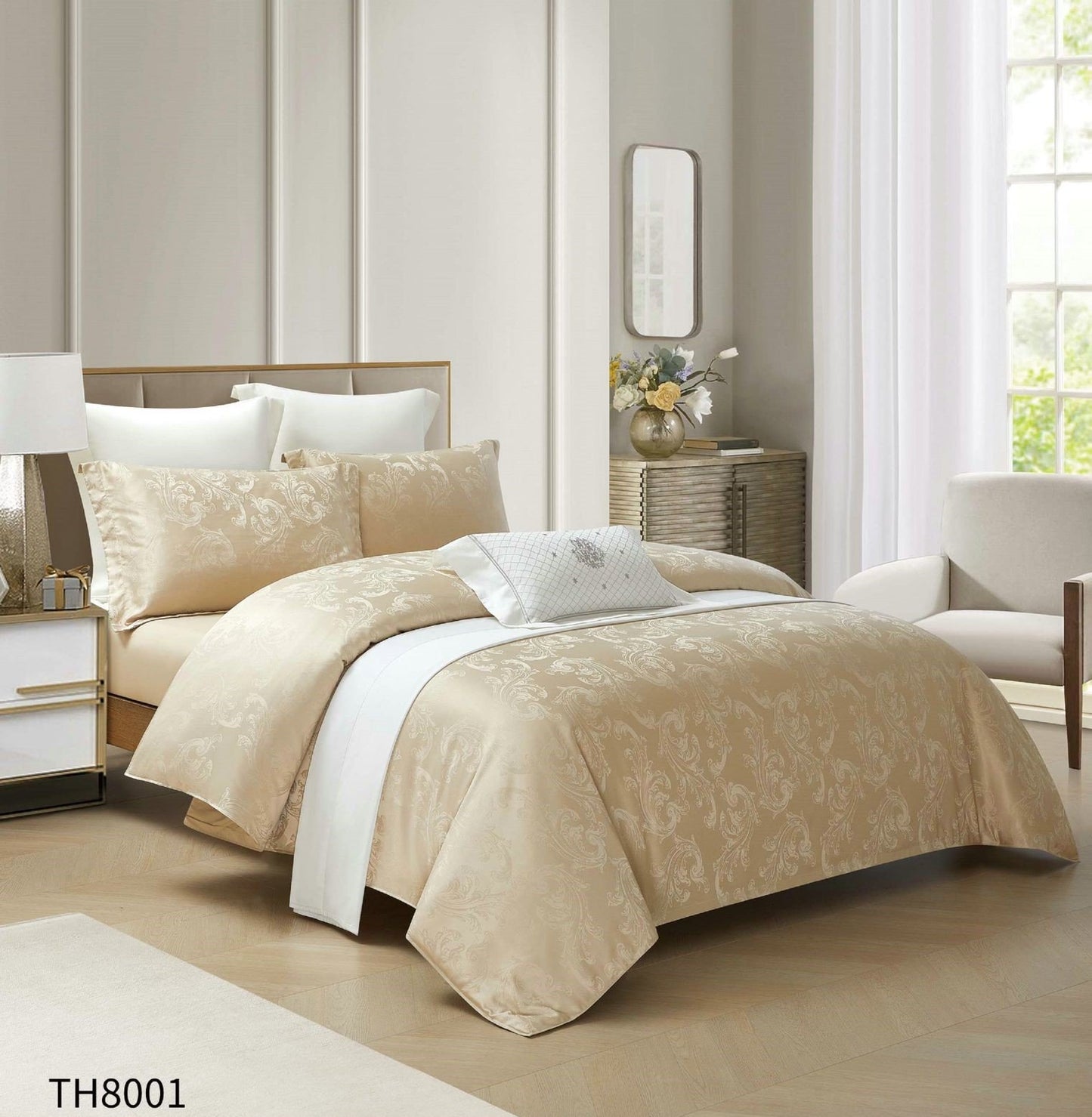 Lenjerie Pat Dublu din Jacquard Satinat Extra Fin, 4 Piese, cu Elastic, Bej-P7472