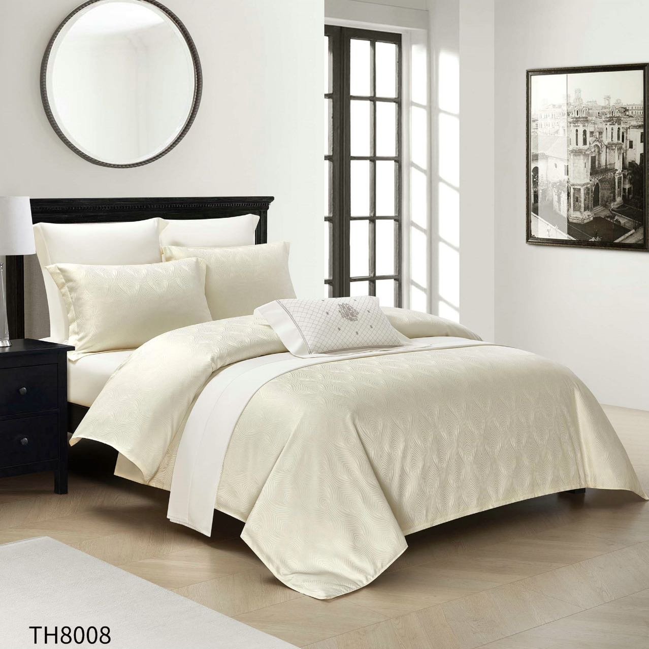 Lenjerie Pat Dublu din Jacquard Satinat Extra Fin, 4 Piese, cu Elastic, Crem-P8135