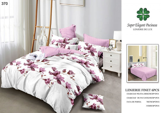 Lenjerie Pat Dublu, Finet, 6 Piese, Alb/Roz/Magnolie-SEP7052
