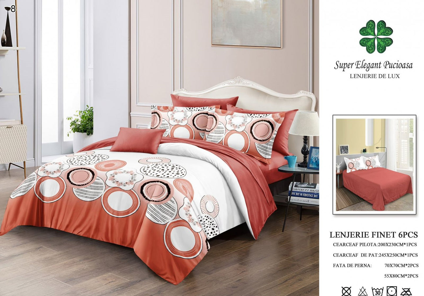 Lenjerie Pat Dublu, Finet, 6 Piese, Alb/Portocaliu/Cercuri-SEP7053
