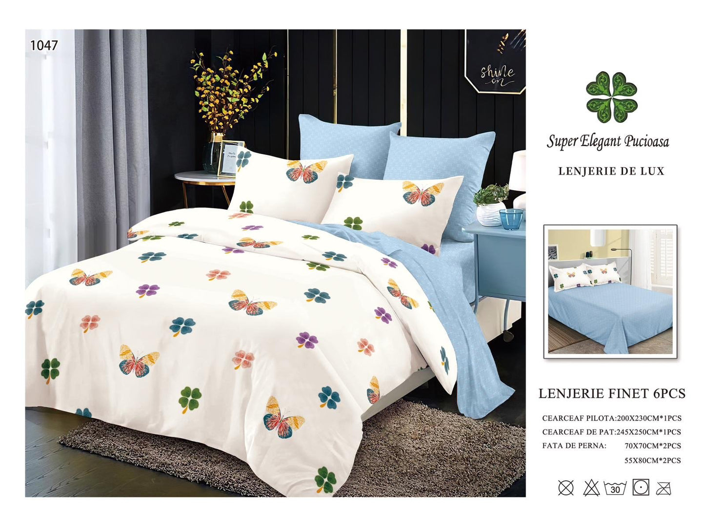 Lenjerie Pat Dublu, Finet, 6 Piese, Crem/Bleu/Fluturi-SEP6973