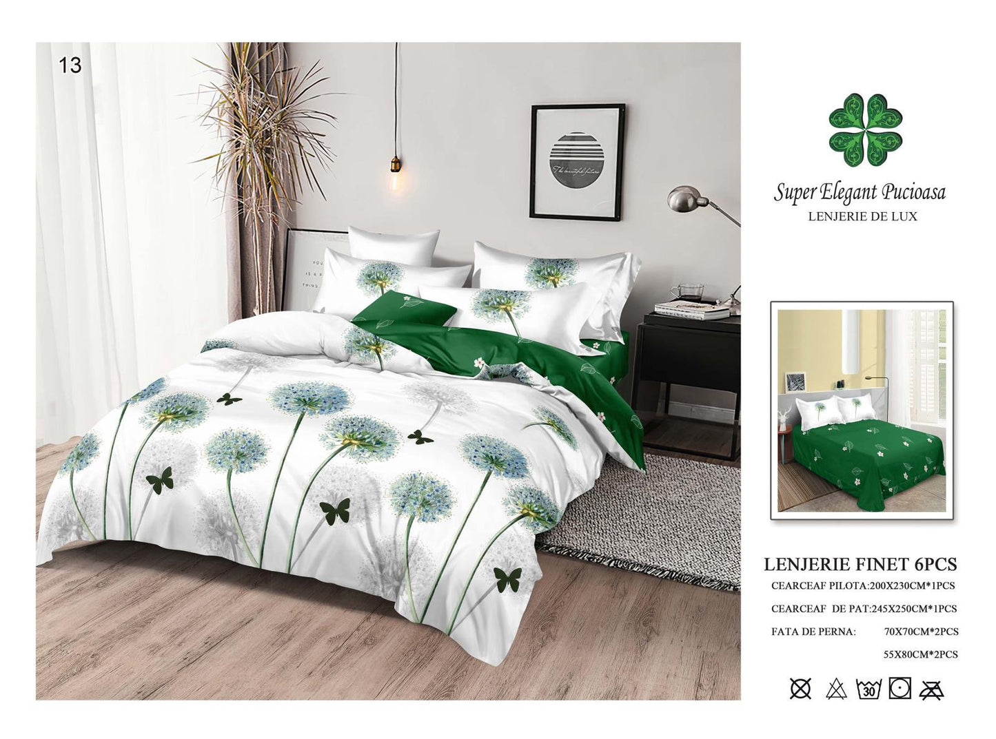 Lenjerie Pat Dublu, Finet, 6 Piese, Alb/Verde/Papadii-SEP6975
