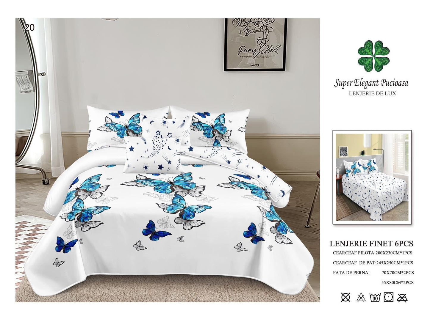 Lenjerie Pat Dublu, Finet, 6 Piese, Alb/Fluturi-SEP6971