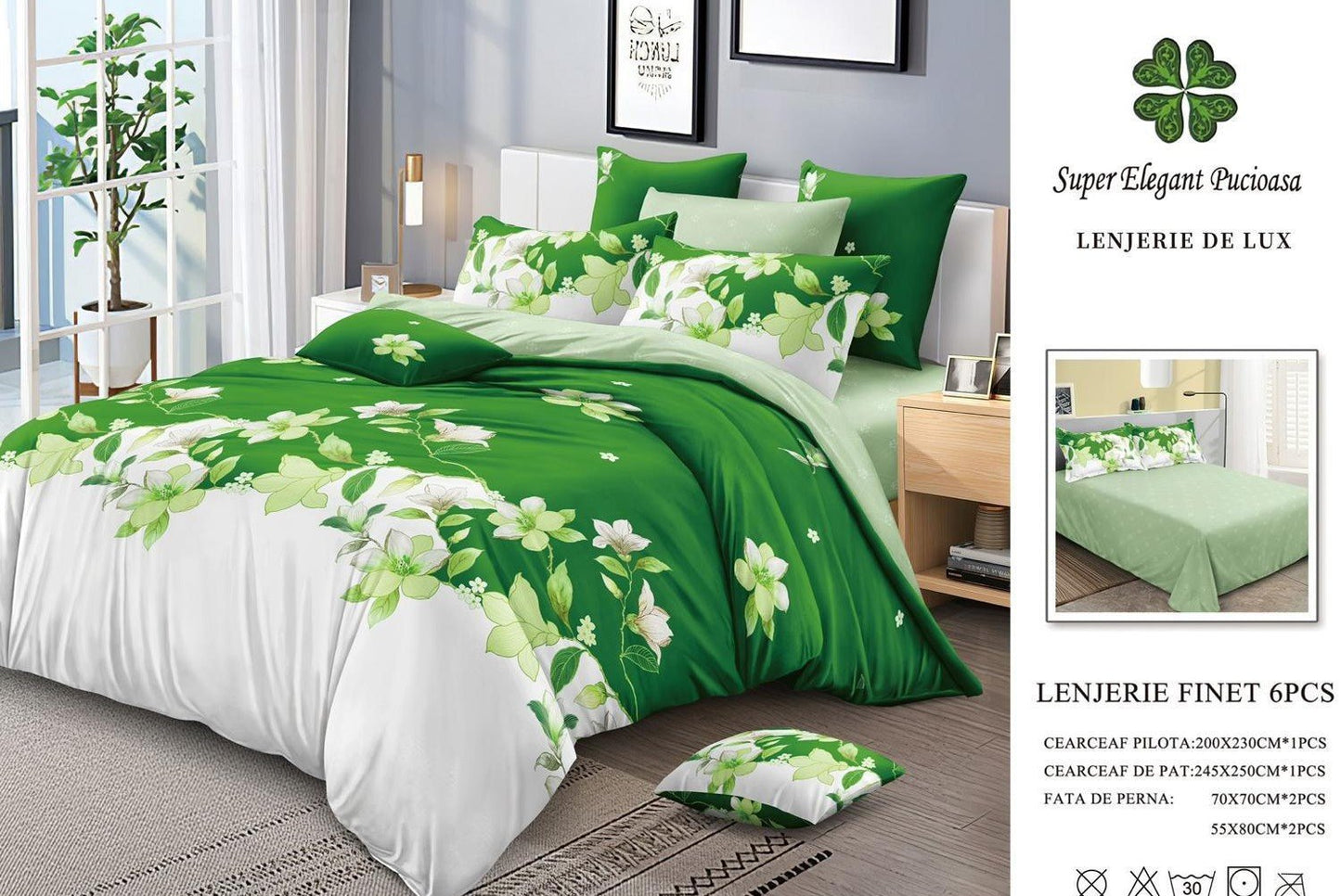 Lenjerie Pat Dublu, Finet, 6 Piese, Alb/Verde/Flori-SEP7120